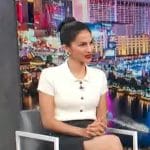 Elodie Yung’s white ribbed polo shirt on Access Hollywood