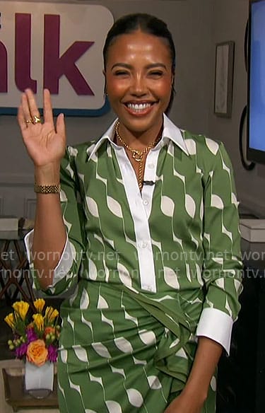 Emma Grede’s green and white printed outift on The Talk