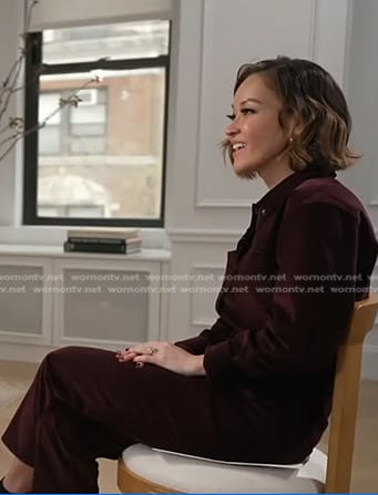 Eva’s burgundy corduroy jumpsuit on Good Morning America
