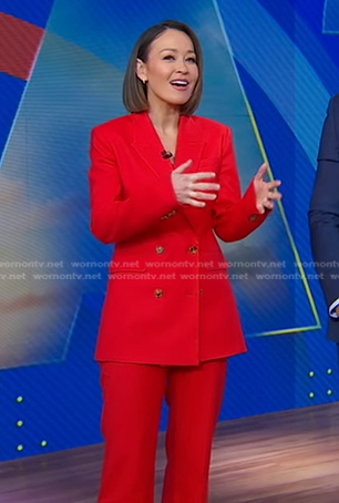 Eva’s red double breasted blazer and pants on Good Morning America