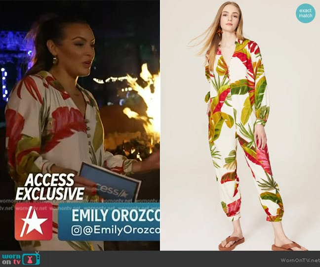 FARM Rio Spring Forest Jumpsuit worn by Emily Orozco on Access Hollywood