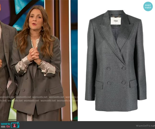 Fendi Logo-embroidered double-breasted wool blazer worn by Drew Barrymore on The Drew Barrymore Show