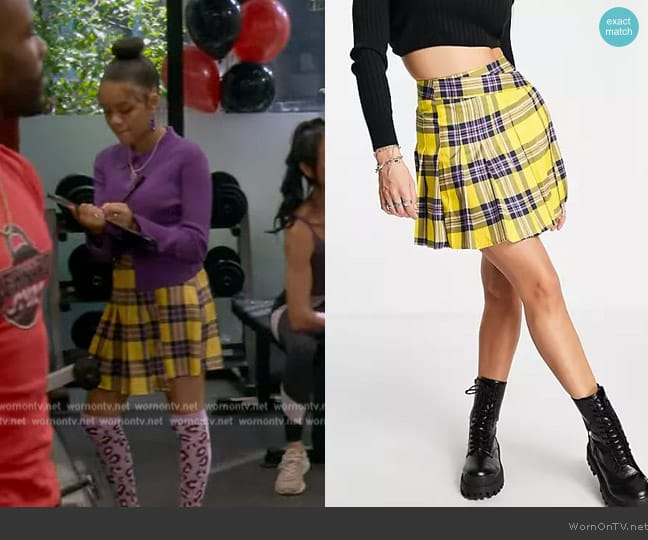 Collusion Check mini skirt in blue and yellow check worn by Aaliyah Upshaw (Khali Spraggins) on The Upshaws