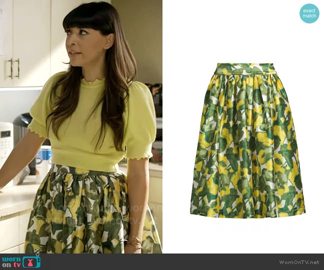Frances Valentine Barbara Pear Satin Midi-Skirt worn by Sam (Hannah Simone) on Not Dead Yet