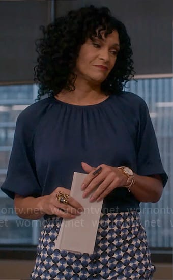 Francy’s blue dot print pants on So Help Me Todd