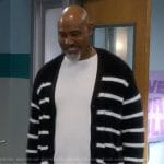 Frank’s black striped faux fur cardigan on The Upshaws