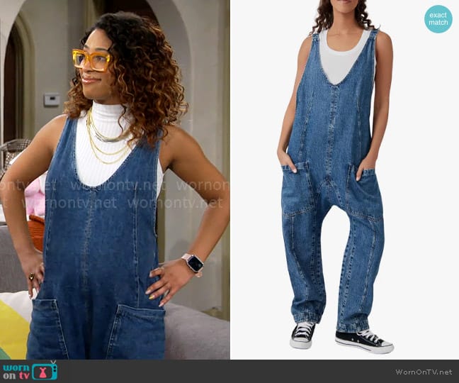 Free People High Roller Jumpsuit in Sapphire Blue worn by Courtney (Skye Townsend) on The Neighborhood