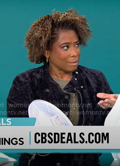 Gayle Bass’ black velvet jacket on CBS Mornings