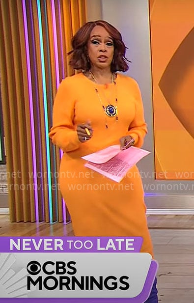 Gayle King’s orange midi sweater dress on CBS Mornings