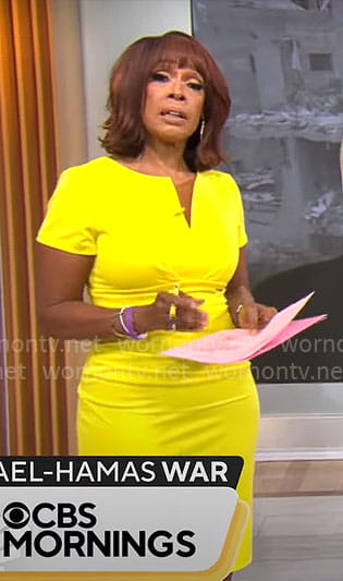 Gayle King’s yellow split-neck dress on CBS Mornings