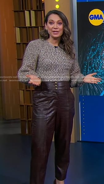 Ginger’s cable knit sweater and brown leather pants on Good Morning America