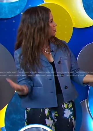 Gretta Monahan’s blue leather jacket and floral pants on Good Morning America