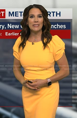 Heather’s yellow ruched short sleeve dress on Good Morning America
