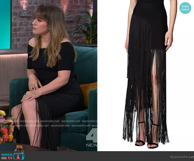 Herve Leger Asymmetric Fringe Maxi Skirt worn by Kelly Clarkson on The Kelly Clarkson Show