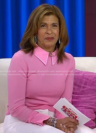 Hoda’s pink collared sweater and white pants on Today