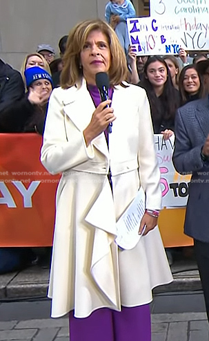 Hoda’s white ruffle coat on Today