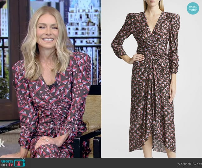 Isabel Marant Albini Abstract Print Ruched Midi Dress worn by Kelly Ripa on Live with Kelly and Mark