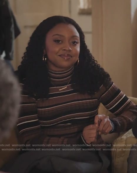 Janine’s brown stripe ribbed sweater dress on Abbott Elementary