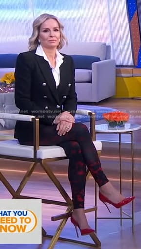 Jennifer’s black double breasted blazer and print leggings on Good Morning America