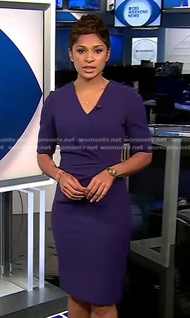 Jericka’s purple gathered sheath dress on CBS Evening News