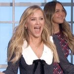 Jessica Capshaw’s navy dress with white oversized collar on The Talk