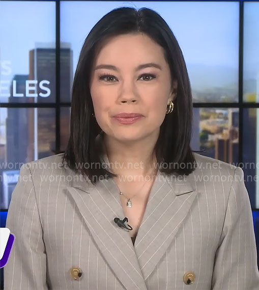 Jo Ling Kent’s beige pinstriped blazer on CBS Mornings