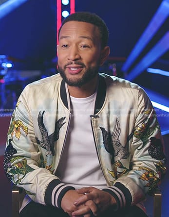 John Legend’s embellished bird print bomber jacket on The Voice
