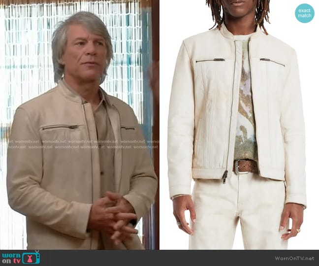 John Varvatos Brando Band Collar Leather Jacket in Ecru worn by Jon Bon Jovi on Good Morning America