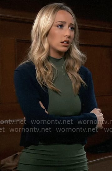 Josslyn’s green mini dress and navy cardigan on General Hospital