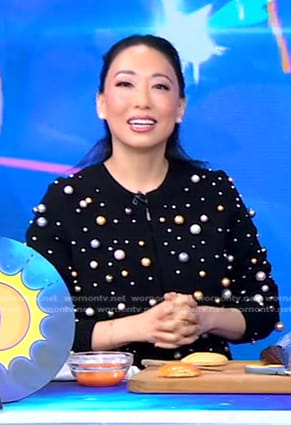 Judy Joo’s pearl embellished cardigan on Good Morning America