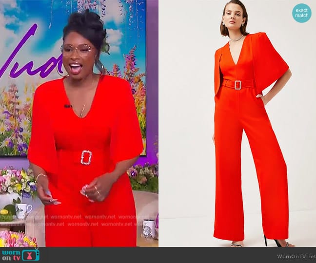 Karen Millen Compact Stretch Viscose Belted Flare Jumpsuit worn by Jennifer Hudson on The Jennifer Hudson Show