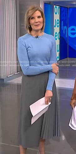 Kate’s blue sweater and grey pleated skirt on NBC News Daily