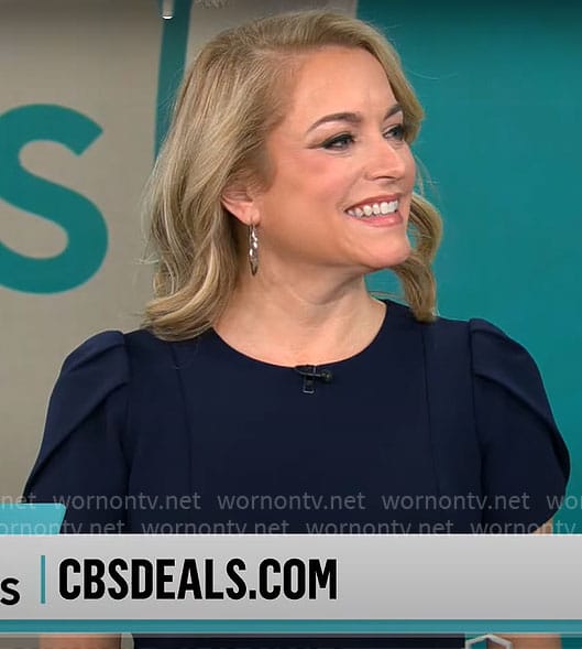 Katie McGee’s navy short sleeve sheath dress on CBS Mornings