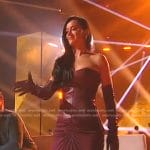 Katy Perry’s burgundy strapless leather top and gathered skirt on American Idol