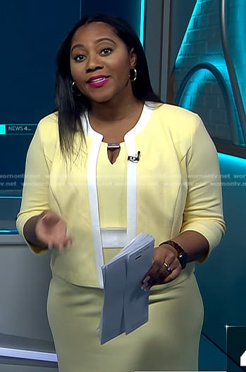 Kay Angrum’s yellow keyhole dress and cardigan on NBC News Daily
