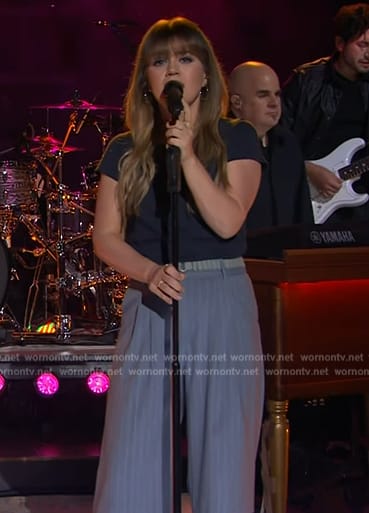Kelly’s blue stripe pants on The Kelly Clarkson Show