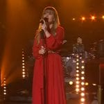 Kelly’s red tie neck dress on The Kelly Clarkson Show