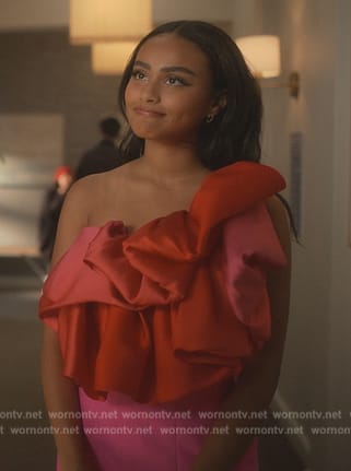Kiela’s red ruffle off shoulder mini dress on Grown-ish