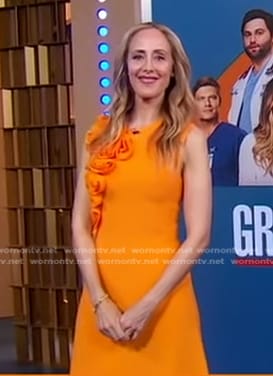 Kim Raver’s orange floral applique dress on Good Morning America