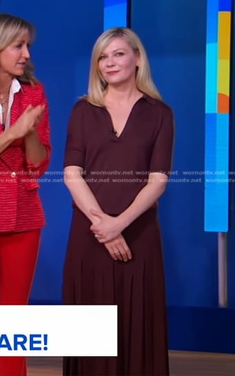 Kirsten Dunst’s burgundy polo top and pleated skirt on Good Morning America