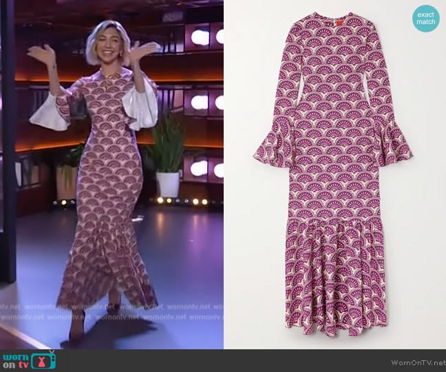 LA DoubleJ Alba Fans-print maxi dress worn by Heidi Gardner on The Kelly Clarkson Show