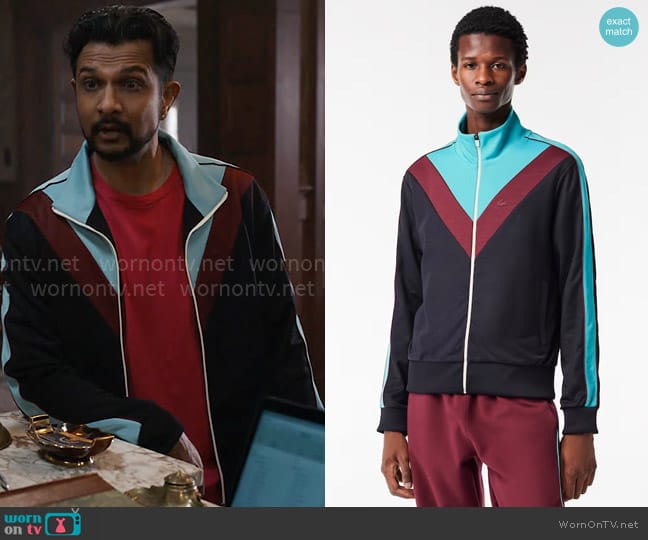 Lacoste Colorblock Ripstop Piqué Zip-Up Sweatshirt worn by Jay (Utkarsh Ambudkar) on Ghosts