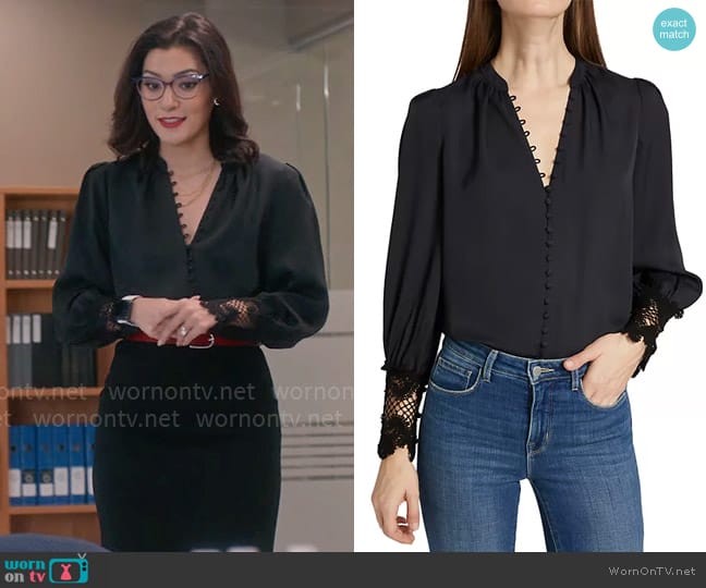 L'Agence Ava Lace Cuff Blouse worn by Susan (Inga Schlingmann) on So Help Me Todd