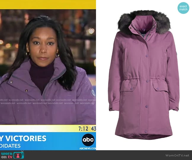 Land's End Expedition Parka with Removable Faux Fur Hood in Mystical Grape worn by Rachel Scott on Good Morning America