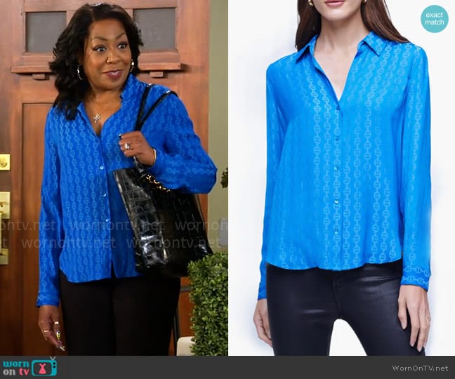 L'Agence Holly Chain Print Button-up Shirt In Deep Sky Blue worn by Tina Butler (Tichina Arnold) on The Neighborhood