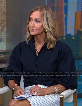 Lara’s navy puff sleeve blouse on Good Morning America