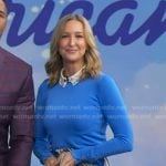 Lara’s blue button cuff sweater and print mini skirt on Good Morning America