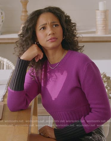 Layla’s purple contrast cuffs sweater on All American