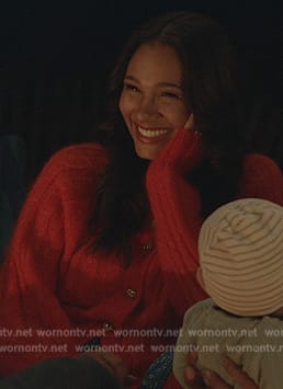 Layla’s red cable knit cardigan on All American