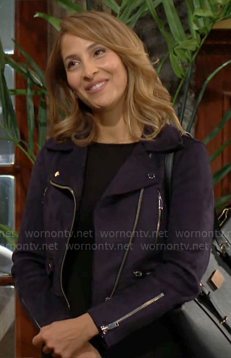 Lily’s navy suede moto jacket on The Young and the Restless